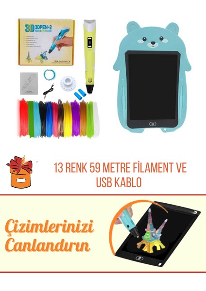 SARI 3D Pen Üç Boyutlu Yazıcı Kalem ve Grafik Yazı Tableti Set (59 Metre Filament USB KABLO Dahil)