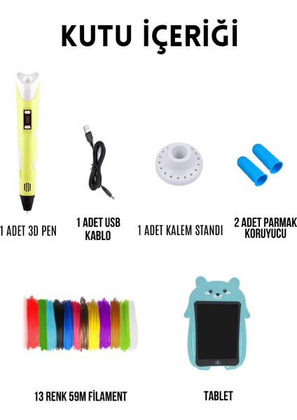 SARI 3D Pen Üç Boyutlu Yazıcı Kalem ve Grafik Yazı Tableti Set (59 Metre Filament USB KABLO Dahil) fiyatları