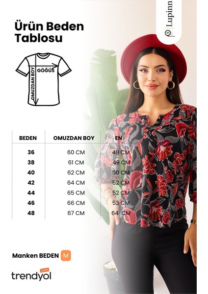 Kadın Kırmızı Çiçek Desenli Uzun Kollu Rahat Kesim Bluz – Kadın Bluz