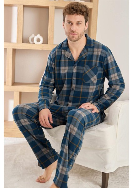 Açık Lacivert Ekose Desenli önden Düğmeli Elegant Erkek pijama takımı