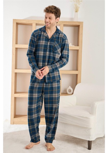 Açık Lacivert Ekose Desenli önden Düğmeli Elegant Erkek pijama takımı fiyatları