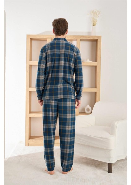 Açık Lacivert Ekose Desenli önden Düğmeli Elegant Erkek pijama takımı modelleri