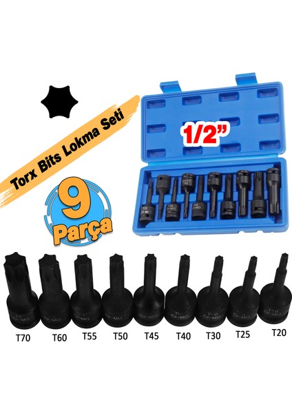 1/2" Torx Bits Lokma Seti 9 Parça T20 T25 T30 T40 T45 T50 T55 T60 T70 Cr-Mo Uzunluk:78 mm Tork