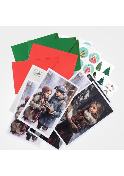 Yılbaşına Özel 15 Parça Kartpostal, Zarf ve Sticker Seti Kış Çocukları