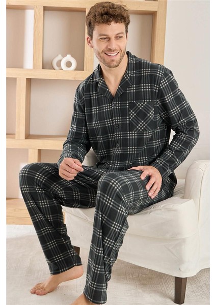 Siyah Ekru Ekose Desenli önden Düğmeli Elegant Erkek pijama takımı