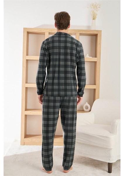 Siyah Ekru Ekose Desenli önden Düğmeli Elegant Erkek pijama takımı modelleri