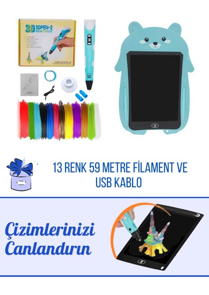 MAVİ 3D Pen Üç Boyutlu Yazıcı Kalem ve Grafik Yazı Tableti Set (59 Metre Filament USB Kablo Dahil)