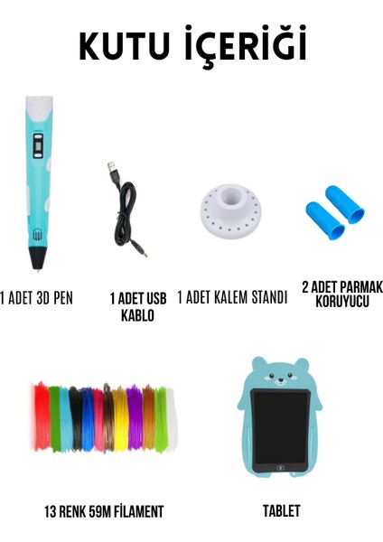 MAVİ 3D Pen Üç Boyutlu Yazıcı Kalem ve Grafik Yazı Tableti Set (59 Metre Filament USB Kablo Dahil) fiyatları