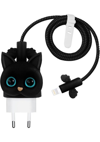 Apple iPhone Kablo Koruyucu ve Şarj Adaptör Için Kılıf Cartoon Figürlü Silikon Crtn-Fgr-Ct-Ktn-Syh [universal ile Uyumlu Kılıf - Black]