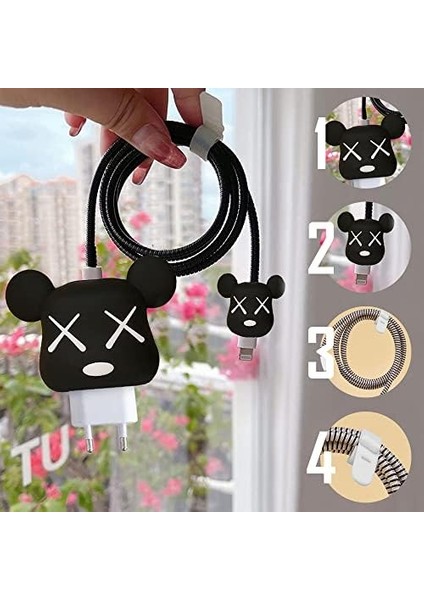Apple iPhone Kablo Koruyucu ve Şarj Adaptör Için Kılıf Cartoon Figürlü Silikon Crtn-Fgr-Ct-Ktn-Syh [universal ile Uyumlu Kılıf - Black] modelleri