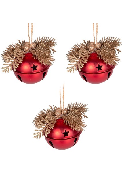Yılbaşı Ağaç Süsü Çıngıraklı Yılbaşı Topu 3'lü Set Kırmızı-Gold 8 Cm.