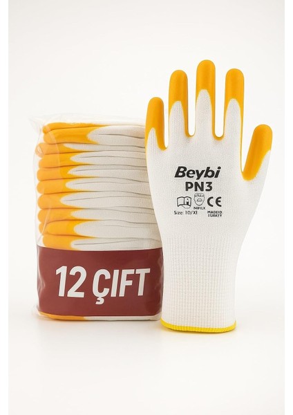 Nitril Polyester Eldiven Beyaz-Sarı 12`li