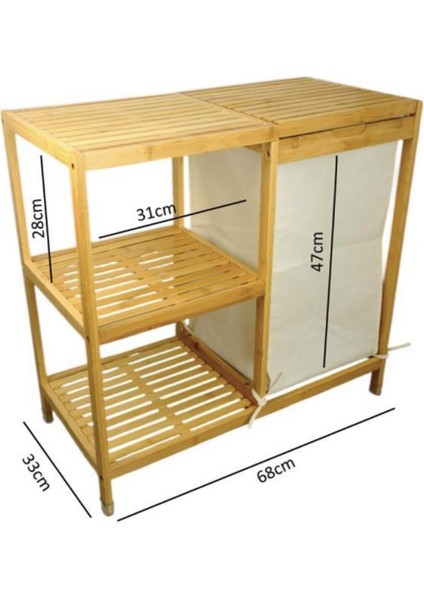 Bambu 3 Raflı Kumaş Sepetli Banyo Düzenleyici Kirli Çamaşır Sepeti DB-0046