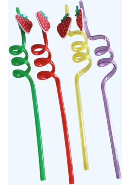 4 Adet Plastik Çilek Desenli Pipet – Parti ve Günlük Kullanım Için
