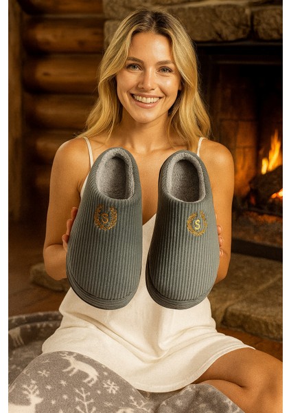 Nakışlı Kadife Önü Unisex Kapalı Kışlık Terlik Günlük Ev Içi Terlik Çeyiz Bohça