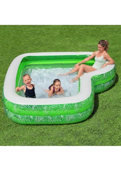 Şişme Aile Havuzu 231x231x51 Cm Oturma Tahtalı Bardak Tutuculu Dayanıklı PVC Yeşil 6 Yaş Üzeri