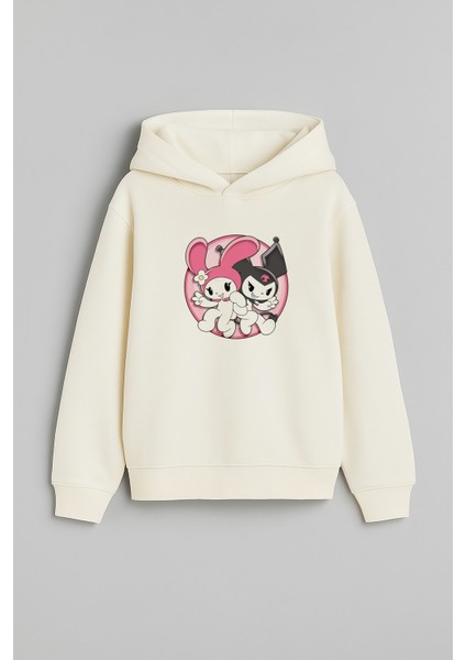 Kuromi Melody Baskılı Ekru Kız Çocuk Kapüşonlu Sweatshirt