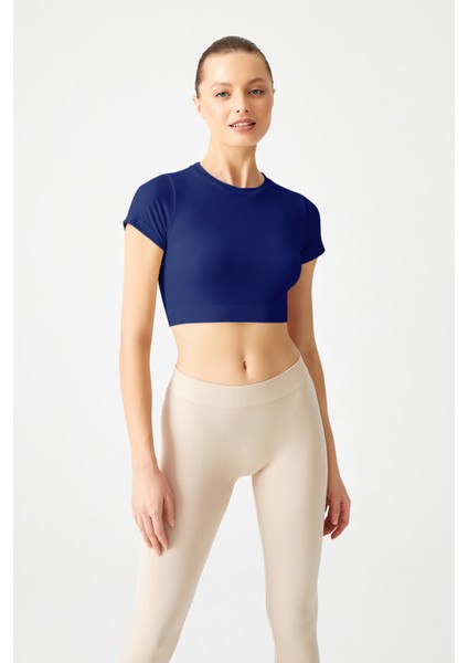 Lacivert Seamless Yumuşak Dokulu Spor T-Shirt Crop Top