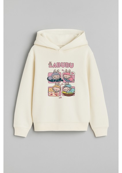 Labubu Baskılı Ekru Kız Çocuk Kapüşonlu Sweatshirt