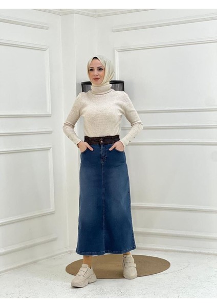 Kemer Dantel Detaylı Kot Etek - Koyu Mavi modelleri