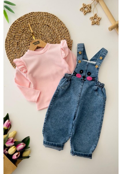 Pembe Fırfırlı Uzun Kol Bluz ve Kot Askılı Tavşan Desenli Kız Bebek 2’li tulum takım - Pembe