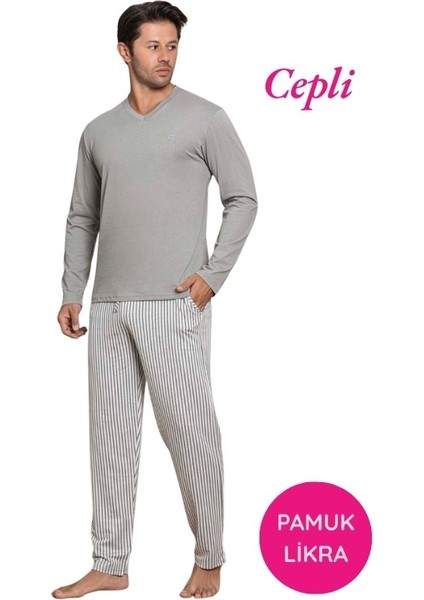 Erkek Düğmesiz Çizgili Jakar Kumaş Mevsimlik Kol Manşetli Uzun Kol Cepli Pijama Takımı