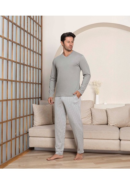 Erkek Düğmesiz Çizgili Jakar Kumaş Mevsimlik Kol Manşetli Uzun Kol Cepli Pijama Takımı fırsatları