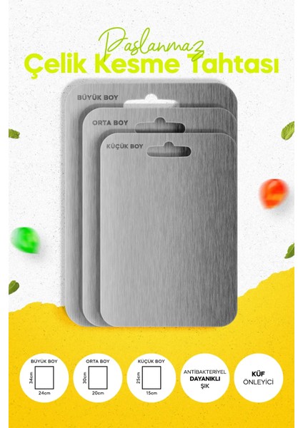 Paslanmaz Çelik Kesme Tahtası, Antibakteriyel, 304 Kalite. Sağlıklı Kesim Tahtası 3 Adet
