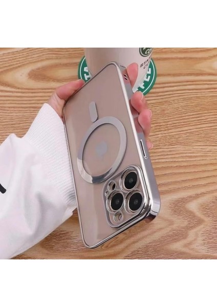 Aks iphone 14 Pro Için Kablosuz Şarj ile Uyumlu, Kamera Lens Korumalı Lazer Kılıf Gümüş