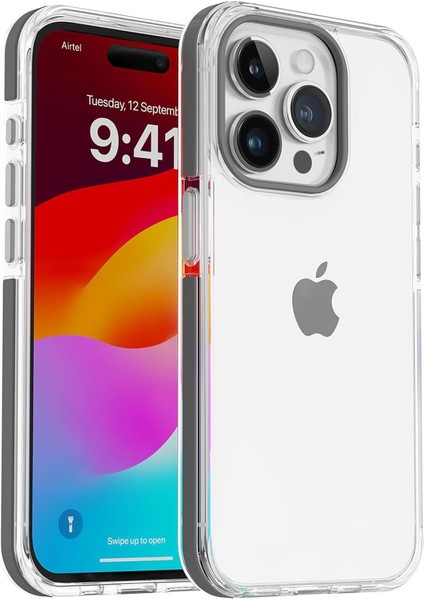 iPhone 15 Pro Max Için Hybrid Serisi Arkası Kristal Şeffaf Polikarbonat Kenarları Silikon Kamera Lens Çerçevesi ve Tuşları Metal Yüksek Kalite Şeffaf Silikon Kılıf (Titanyum Gri, Dropcover)