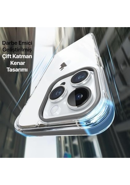 iPhone 15 Pro Max Için Hybrid Serisi Arkası Kristal Şeffaf Polikarbonat Kenarları Silikon Kamera Lens Çerçevesi ve Tuşları Metal Yüksek Kalite Şeffaf Silikon Kılıf (Titanyum Gri, Dropcover) modelleri