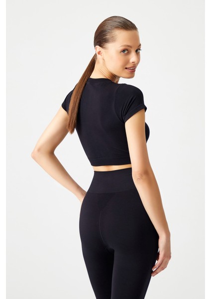 Siyah Seamless Yumuşak Dokulu Spor T-Shirt Crop Top modelleri
