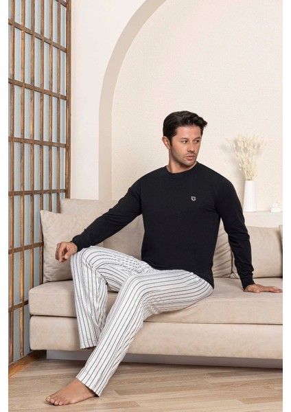 Erkek Düğmesiz Çizgili Jakar Kumaş Mevsimlik Kol Manşetli Uzun Kol Cepli Pijama Takımı modelleri