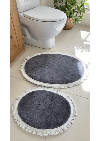 Yumuşak Dokulu, Kaydırmaz Taban Gri 2’li Oval Paspas Seti – Lüks Banyo Konforu