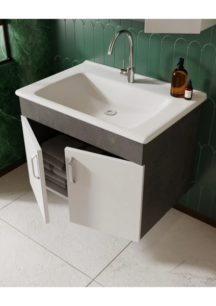 Gümüş 65CM Banyo Dolabı Retro Gümüş-Beyaz Lavabo Dahil fiyatları