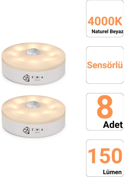 8 Adet Sensörlü LED Kabin Işık USB Şarjlı 4000K Doğal Beyaz Işık | Hareket Algılamalı Gece Lambası | Iç Mekan Kullanımına Uygun