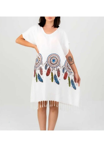 Kadın Yazlık Plaj Elbisesi – Pamuklu Viskon, Rahat Kesim (S-M)