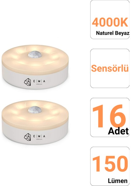 16 Adet Sensörlü LED Kabin Işık USB Şarjlı 4000K Doğal Beyaz Işık | Hareket Algılamalı Gece Lambası | Iç Mekan Kullanımına Uygun