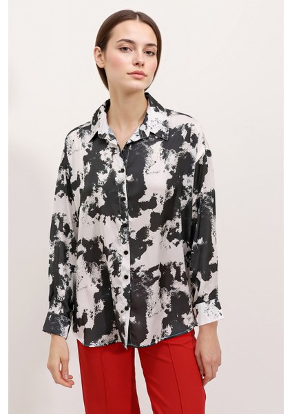 Kadın BDART Saten Uzun Kollu Düğmeli Gömlek Siyah