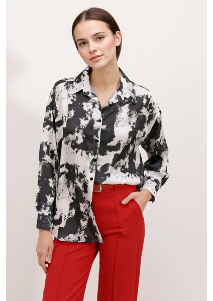 Kadın BDART Saten Uzun Kollu Düğmeli Gömlek Siyah