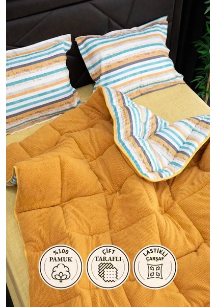 Oso Blanco Sherpa Çift Kişilik Comforter Uyku Seti - Hardal