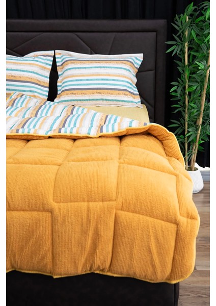 Oso Blanco Sherpa Çift Kişilik Comforter Uyku Seti - Hardal
