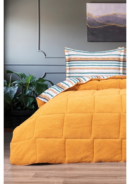 Oso Blanco Sherpa Çift Kişilik Comforter Uyku Seti - Hardal