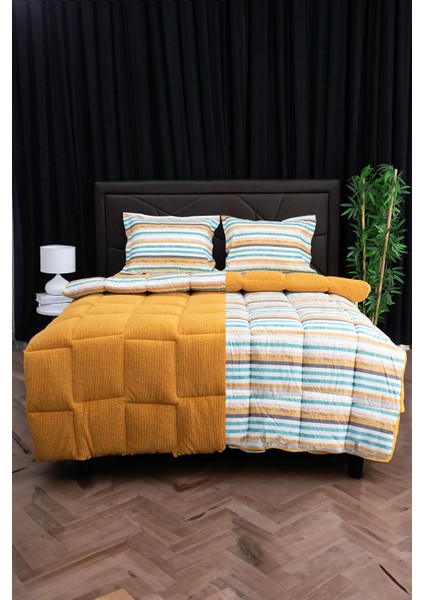 Oso Blanco Sherpa Çift Kişilik Comforter Uyku Seti - Hardal