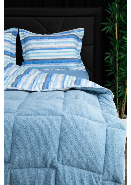 Oso Blanco Sherpa Çift Kişilik Comforter Uyku Seti - Mavi