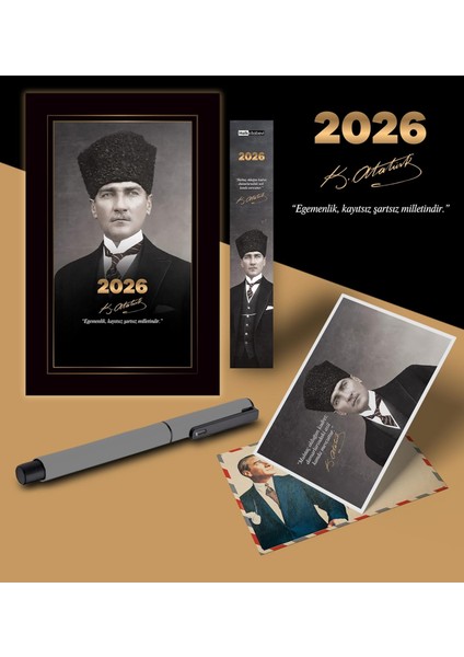 Kalpaklı Atatürk Ajandası Ayraç Kartpostal Kalem - Gri
