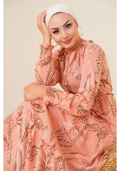 Kadın BDART Düğmeli Yaka ile Çiçekli Maxi Elbise Pink