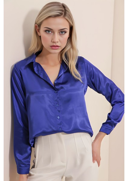 Kadın SBDART aten Kaplamalı Uzun Kollu Düğmeli Gömlek Blue