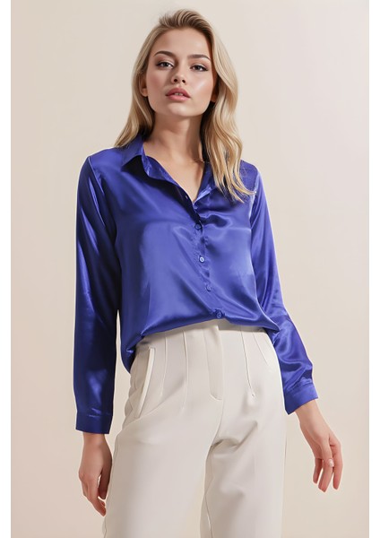 Kadın SBDART aten Kaplamalı Uzun Kollu Düğmeli Gömlek Blue