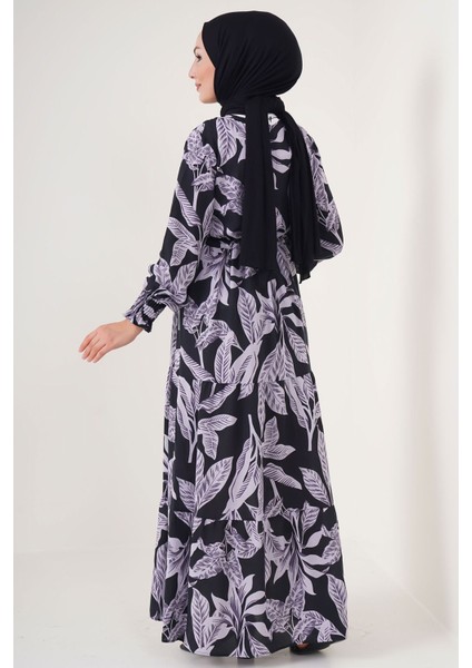 Kadın BDART Düğmeli Yaka ile Çiçekli Maxi Elbise Black